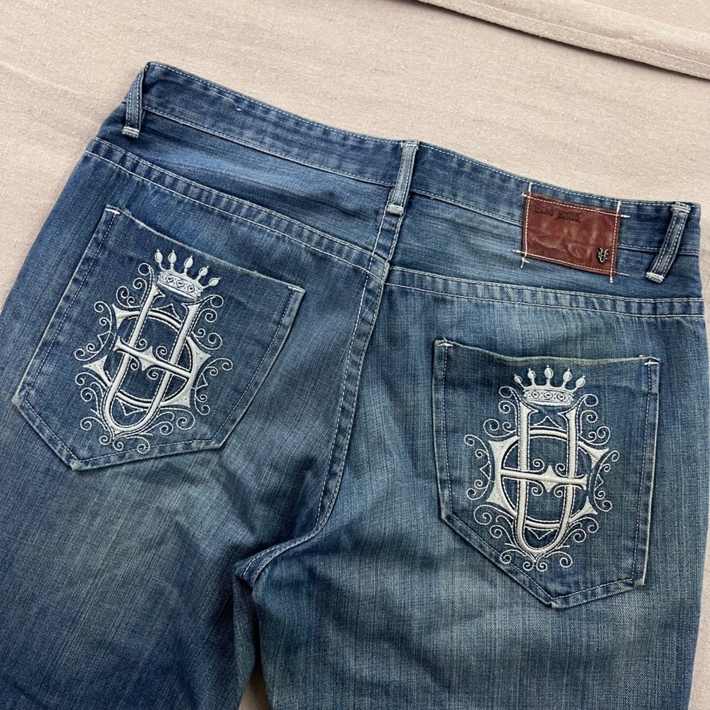 Ecko Unltd Mens Baggy Embroidered Jeans Medium Wash Blue Y2K Streetwear Size 38